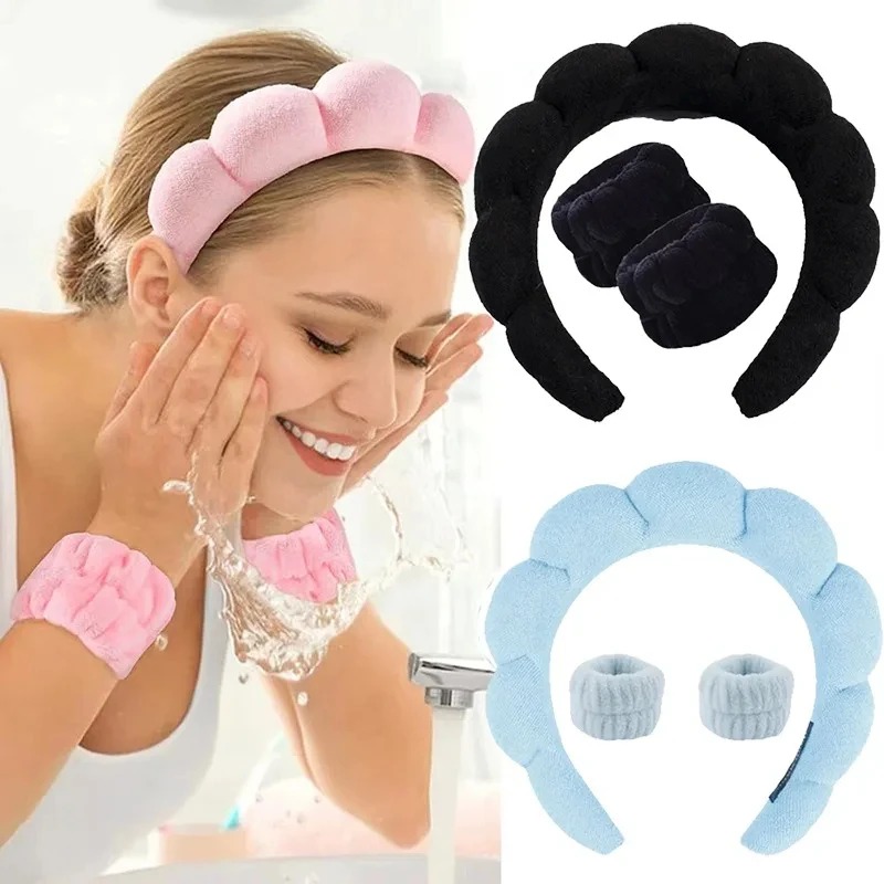 Makeup Beauty Set - 3-teiliges stilvolles Wasch-Stirnband-Set, Armbänder, Haargummis, Spa-Blasen-Stirnband